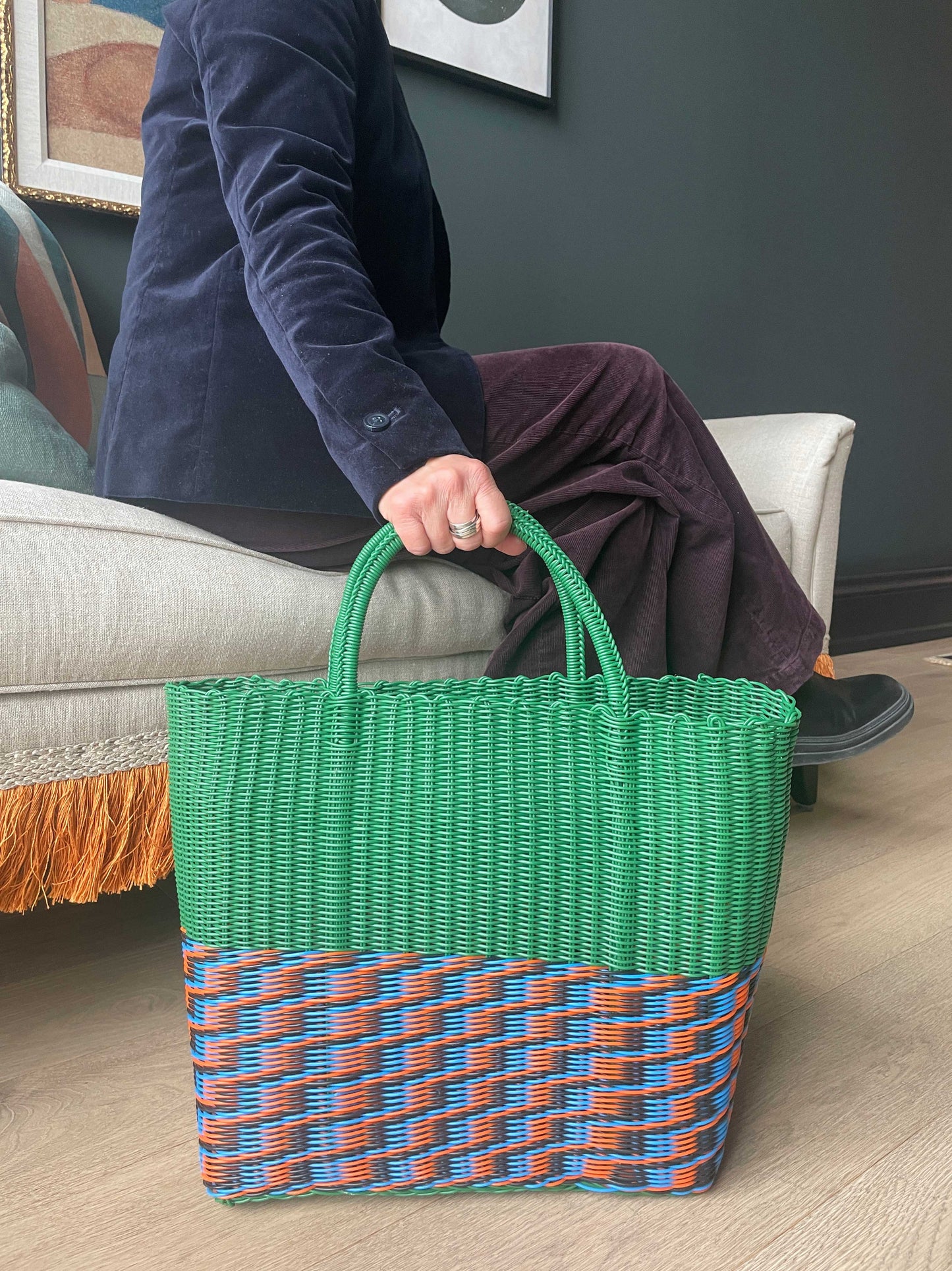 Hunter, Black, Cobalt & Salmon Zigzag Weave Bag