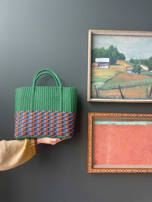 Hunter, Black, Cobalt & Salmon Zigzag Weave Bag
