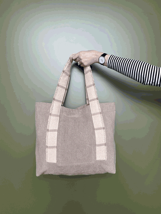 Linen Tote Bag – Beige Striped Handles