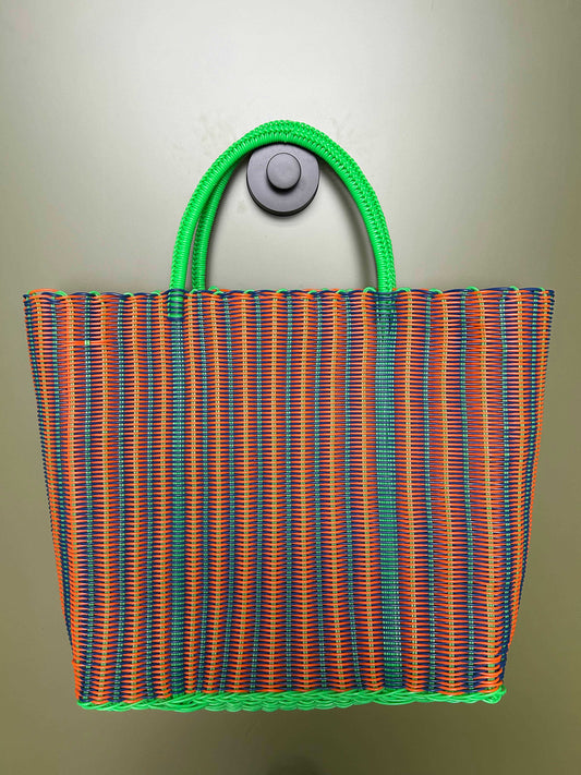 Salmon, Denim & Lime Stripe Weave Bag